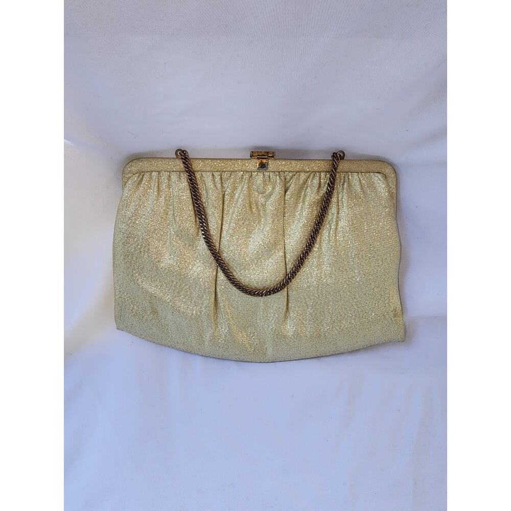 ~Ande Gold Evening Bag Purse w/ Bar Clasp, Double Opening Gold Chain~ 50's Prop~